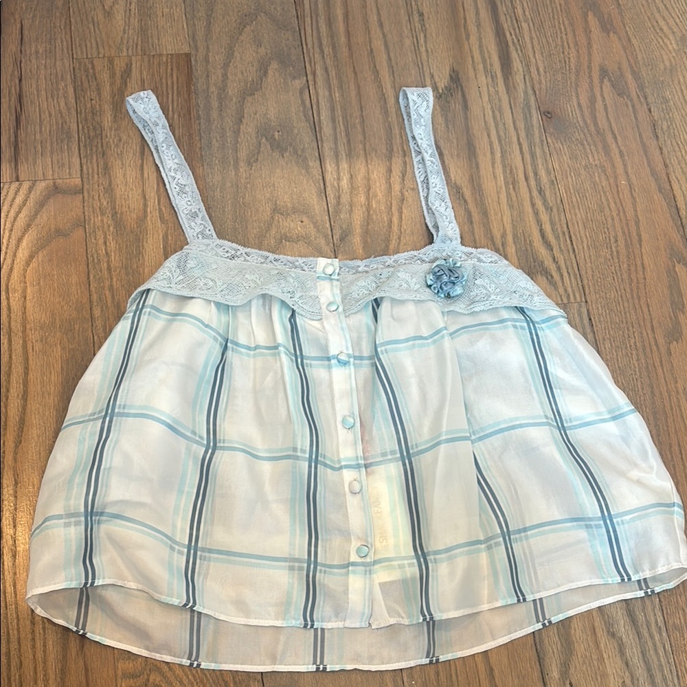 LoveShackFancy Blue and White Lace Trim Top